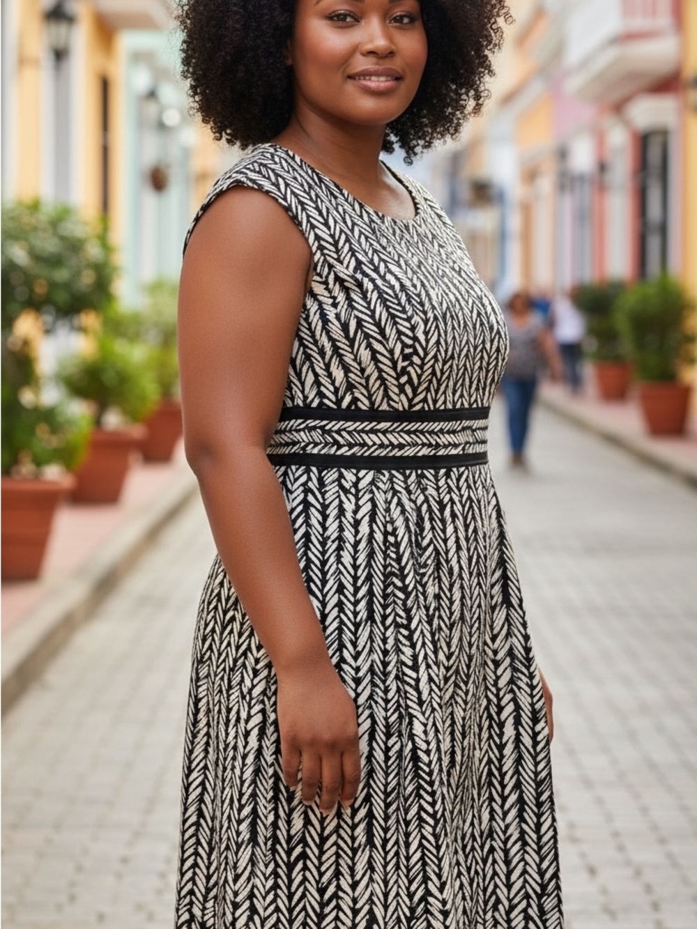 London Times 10- Chic Black & Beige Sleeveless Fit-and-Flare Dress